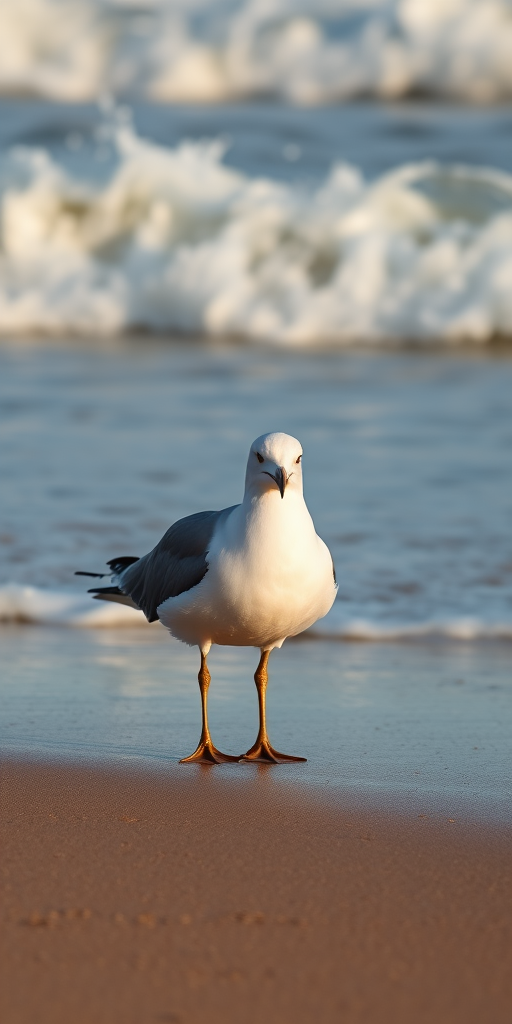 seagull standing on the beach with crashing waves in the background, shot with a Canon EOS R5, 50mm lens, f/8, 1/2000 sec, ISO 100, natural lighting, rule of thirds composition, sharp focus on the bird