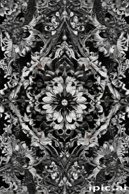 Intricate Black and White Floral Pattern with Detailed Swirls and Curves