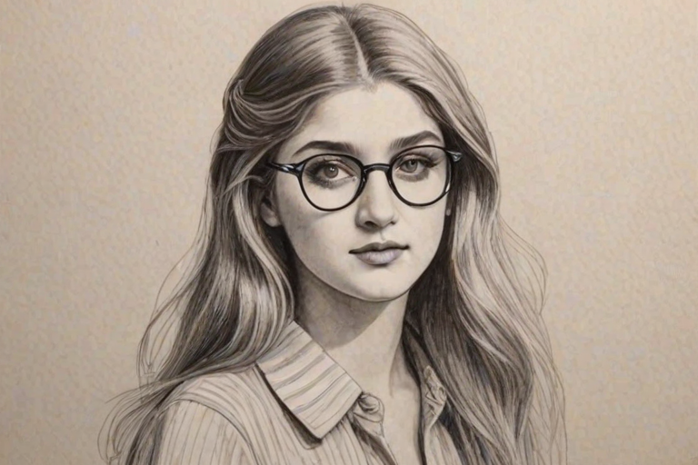 Lovely Willow Shields, pencil sketch, portrait of Fetching woman 1970s in glasses, hair style beatnik, outline, clear lines, fine lines, 8k
