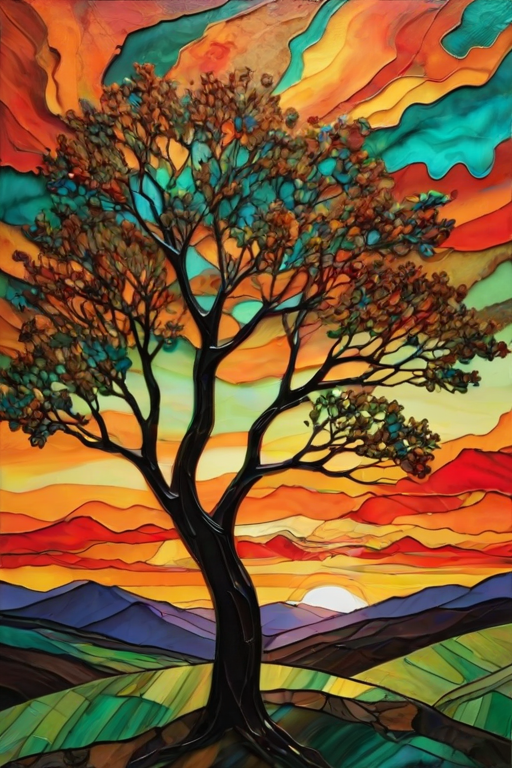 A vibrant abstract painting on Tiffany Glass, blending acrylic and alcohol ink techniques, captures a dramatic sunset over rolling hills. The artwork features a textured, rocky foreground in green and brown, layered abstract hills, and a striking sunset in rich oranges, yellows, and reds. A solitary black tree with intricate branches contrasts against the fiery sky, creating a dynamic and expressive portrayal of a breathtaking natural scene.