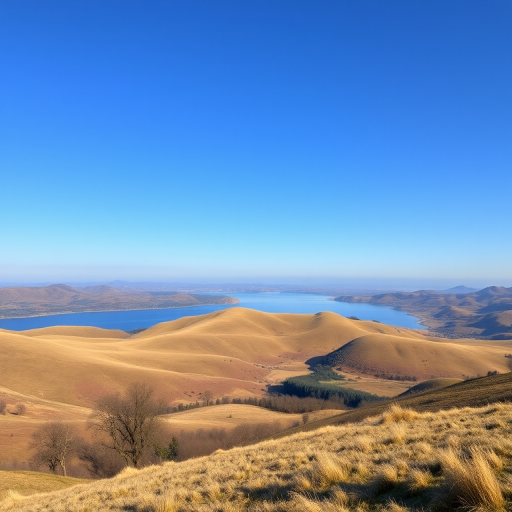 Create an image of a serene landscape featuring rolling hills and a calm lake under a clear blue sky, taken with a DSLR camera at 24mm, f/5.6 aperture, ISO 100, with natural lighting, using a wide-angle lens for depth.