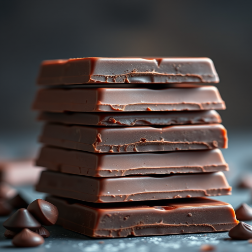 high-resolution image of stacked chocolate bars, soft natural lighting, macro view, DSLR camera, f/2.8 aperture, 50mm lens, ISO 100, shallow depth of field