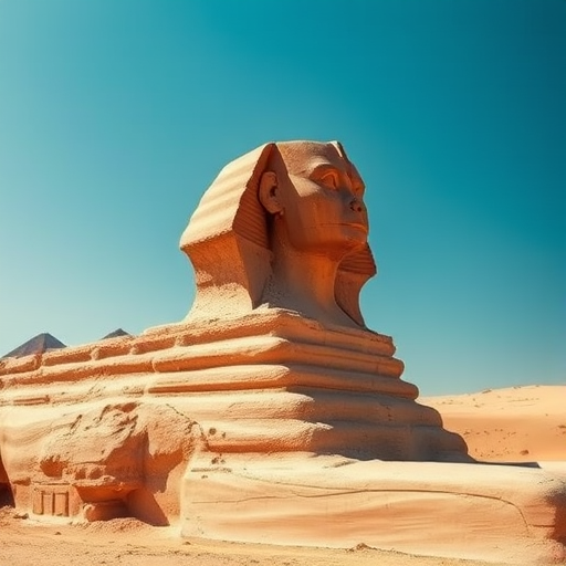 Regenerate the image of a Sphinx statue in a desert landscape with clear blue skies, using a DSLR camera, aperture f/8, ISO 100, shutter speed 1/200s, in landscape view, captured in high resolution to enhance detail and texture.
