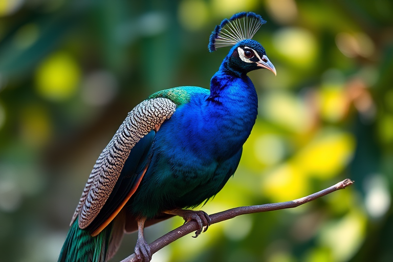photograph a peacock with vibrant blue and green feathers perched gracefully on a branch, shallow depth of field, soft bokeh background, natural sunlight, ISO 200, f/2.8, 1/500s shutter speed, shot with a DSLR camera in landscape orientation