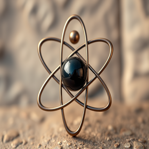 create a high-resolution image of a stylized atom with a central nucleus and orbiting electrons, using a symmetrical design with a metallic bronze finish, captured in a soft-focus for a dramatic effect, using a DSLR camera with a 50mm lens, aperture set to f/1.8, ISO 200, and natural lighting to enhance texture and depth