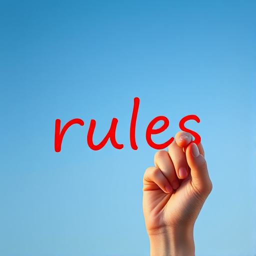 Create an image of a hand holding a red marker writing the word "rules" in a bold, playful font against a gradient blue sky background, captured with a DSLR camera at f/2.8 aperture, 1/250 shutter speed, ISO 100, with a shallow depth of field to focus on the word while softly blurring the background.