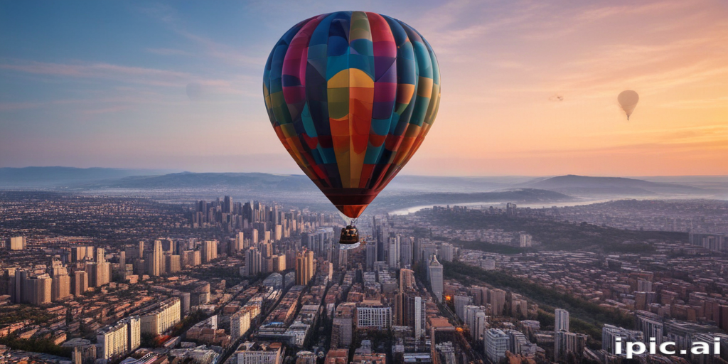 Colorful Hot Air Balloon Soaring Over a Vibrant Cityscape at Sunset