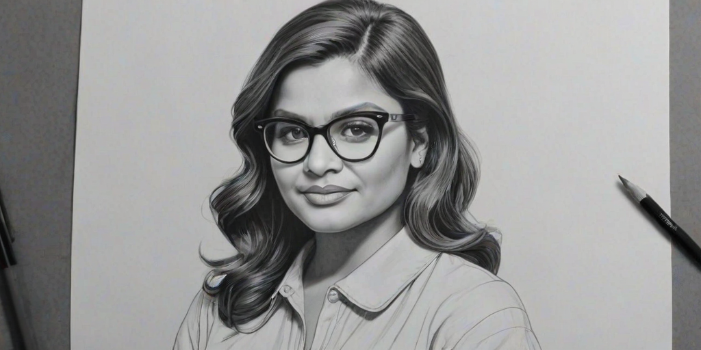 Enticing Mindy Kaling, pencil sketch, portrait of Delightful woman 1951s in glasses, hair style beatnik, outline, clear lines, fine lines, 8k