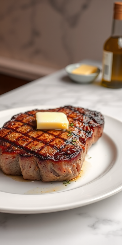 Create an image of a perfectly seared ribeye steak, resting on a white plate with a pat of melting butter on top. The steak is seasoned with fresh herbs like thyme and parsley, with glistening juices highlighting the texture of the meat. The background features a soft focus on a light, marble countertop, with a small dish of butter and an olive oil bottle in the distance. The overall mood should be warm and inviting, capturing the deliciousness and juiciness of the steak.