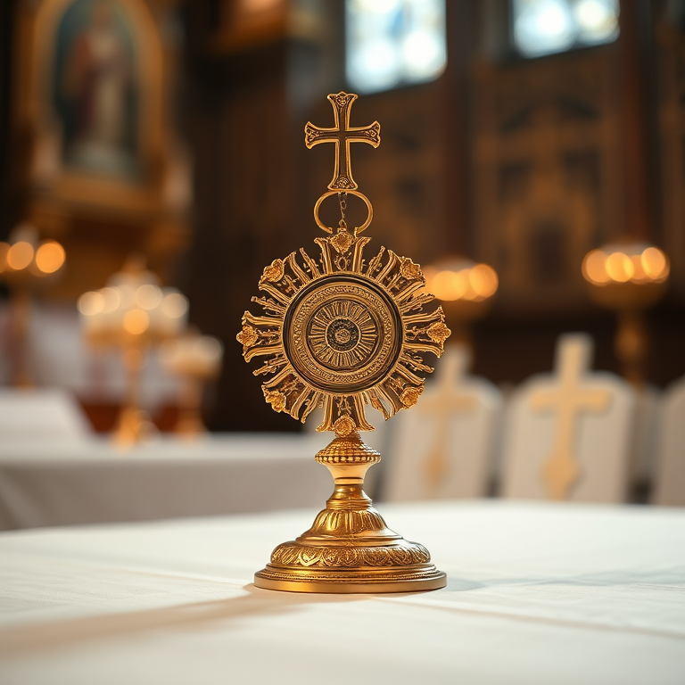 capture a detailed close-up of a gold monstrance on a white table with soft bokeh lights in the background, using a 50mm lens at f/1.8, ISO 200, and a shutter speed of 1/100s, with a Canon DSLR camera in low light setting to enhance image quality