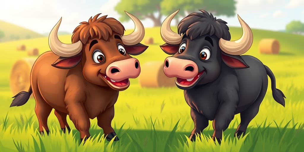 Create a colorful cartoon-style illustration of two cheerful buffaloes interacting in a lush green field with hay bales, using a wide-angle lens at f/8 for greater depth of field, with soft natural lighting and a vibrant color palette, shot with a digital camera.