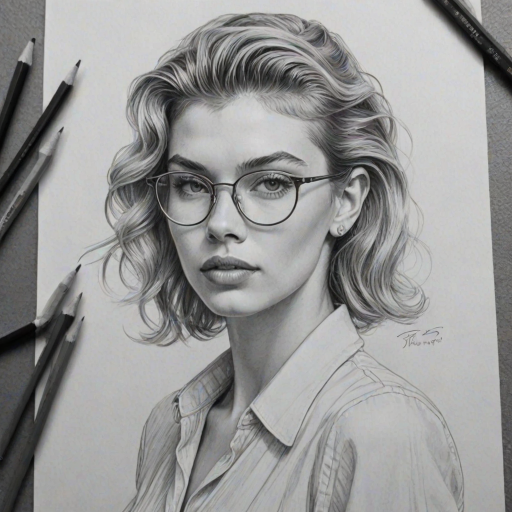 Stunning Stella Maxwell, pencil sketch, portrait of Wonderful woman 1934s in glasses, hair style beatnik, outline, clear lines, fine lines, 8k