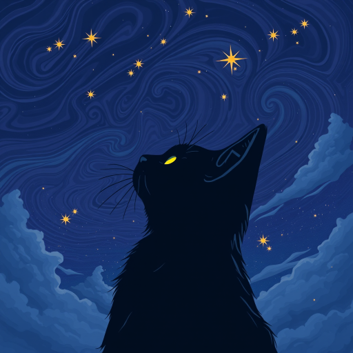 A stylized black cat gazing at a starry night sky with swirling clouds and vibrant stars, captured with a DSLR camera at 50mm focal length, f/1.8 aperture, ISO 100, with soft focus and vibrant color saturation.