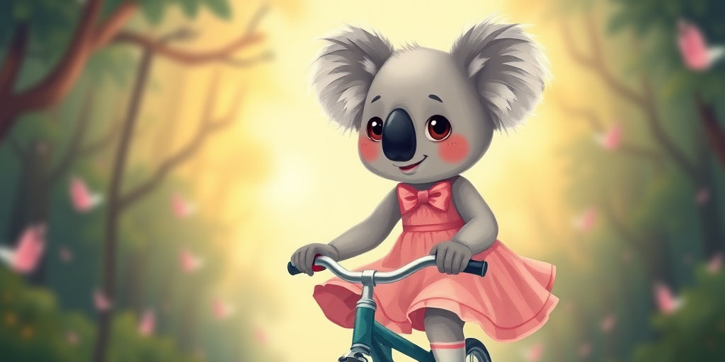 Create a cute illustration of a koala wearing a pink dress and a bow riding a bicycle, high-resolution digital art, camera settings: ISO 100, aperture f/2.8, shutter speed 1/250, camera view: eye level, camera style: vibrant colors with soft focus, camera type: DSLR.
