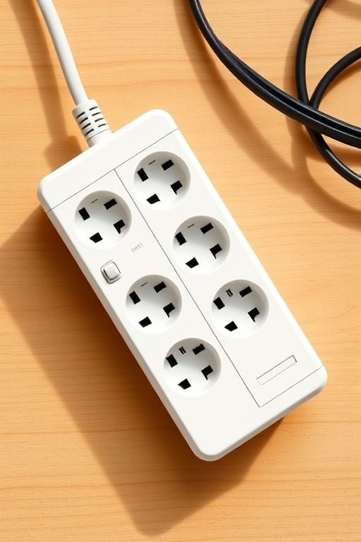 create a high-quality vector illustration of a power strip with eight sockets, featuring a power button, using a DSLR camera with a 50mm lens, aperture f/2.8, ISO 100, shot from a top-down view with natural lighting for clarity and detail