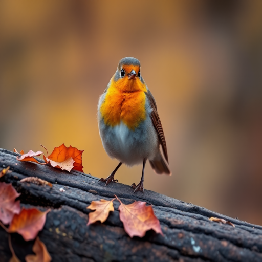 a close-up photograph of a robin perched on a log with autumn leaves, shallow depth of field, dslr camera, 50mm lens, f/2.8 aperture, ISO 200, natural lighting, soft bokeh background
