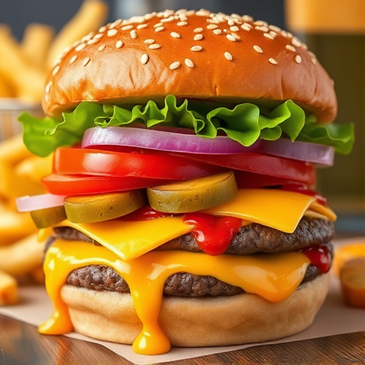 High-resolution, close-up image of a gourmet double cheeseburger. The burger features a glossy, sesame-seed-topped brioche bun. Inside, there are two thick, juicy beef patties, each topped with melted cheddar cheese. The burger is garnished with fresh lettuce, tomato slices, diced onions, and pickles. A generous amount of ketchup and a creamy, orange-colored sauce is dripping down the sides, adding to the mouth-watering appeal. In the background, there are blurred elements including a side of golden French fries and a hint of a beverage, enhancing the overall presentation of a delicious meal.