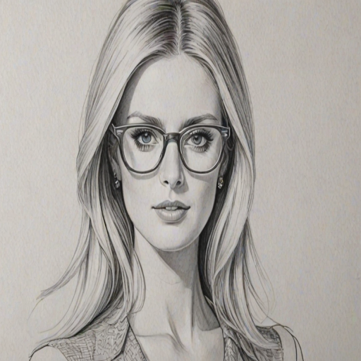 Fetching Nicky Hilton, pencil sketch, portrait of Resplendent woman 1967s in glasses, hair style beatnik, outline, clear lines, fine lines, 8k