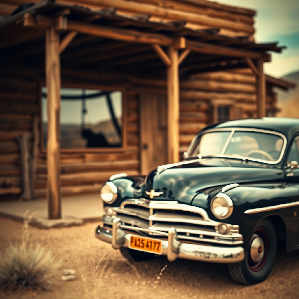 Create a vintage-style painting of an old black car parked outside a rustic wooden building with desert scenery, using a shallow depth of field, soft focus, and warm lighting, captured with a full-frame DSLR camera at f/2.8, 1/250 sec, ISO 100, shot from a slight low angle.