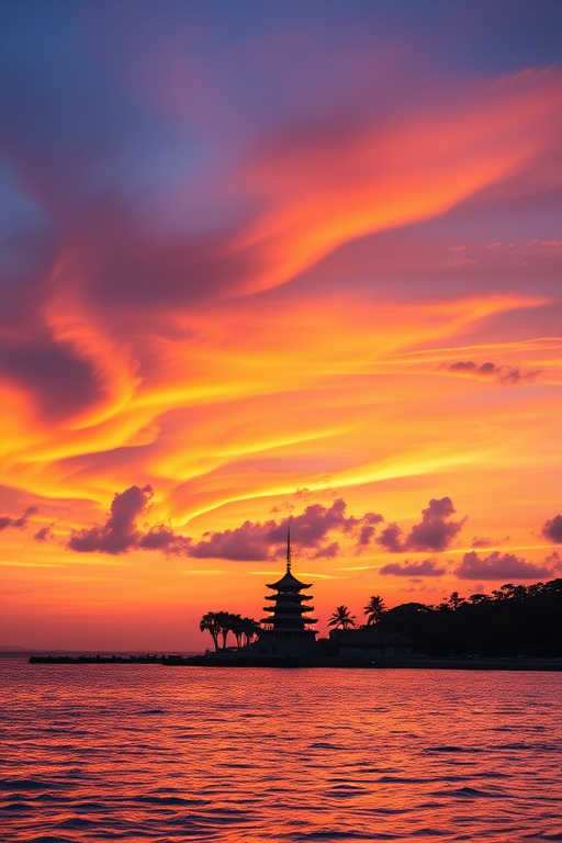 capture a serene sunset over the ocean with vibrant orange and purple clouds reflecting on the water, include a silhouetted pagoda on the shore, using a Canon EOS 5D Mark IV, 24mm lens, aperture f/11, shutter speed 1/125s, ISO 100, shot at golden hour for enhanced color saturation