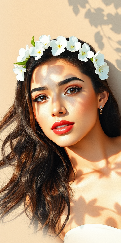 create a watercolor painting of an ethereal portrait of beautiful Hispanic woman with a simple white flower crown on her head. Her hair is long and she is lying on the ground. The sunlight on the trees casts shadows from the leaves on her face and body. The background is a neutral brown color that matches her skin tone. The image is minimalist and solid colors. This style is characterized by soft, delicate brushstrokes and a light, airy, contrasting color palette. High level of detail and play of light