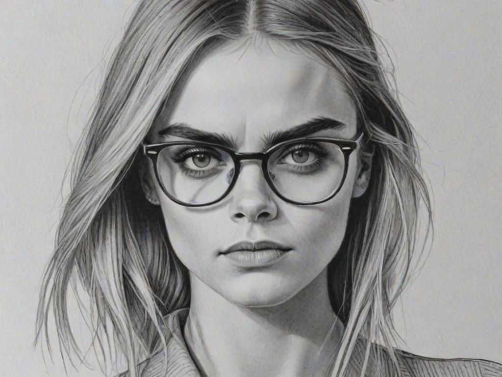 Fetching Cara Delevingne, pencil sketch, portrait of Exquisite woman 1967s in glasses, hair style beatnik, outline, clear lines, fine lines, 8k