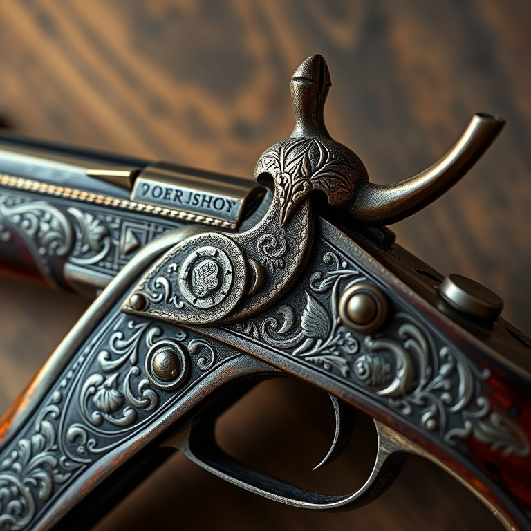 Create a highly detailed image of an ornate vintage flintlock pistol with intricate engravings, using a Canon EOS 5D Mark IV camera, 50mm lens, f/1.8 aperture, ISO 100, and soft natural lighting for enhanced image quality.