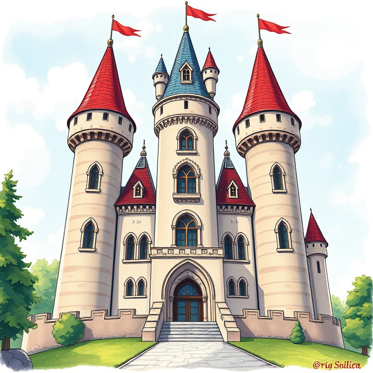 Create a detailed illustration of a fairy tale castle with three towers and arched windows, using a 50mm lens at f/8 for sharpness, ISO 100 for clarity, taken from a low angle to emphasize grandeur, in a whimsical art style with vibrant colors.