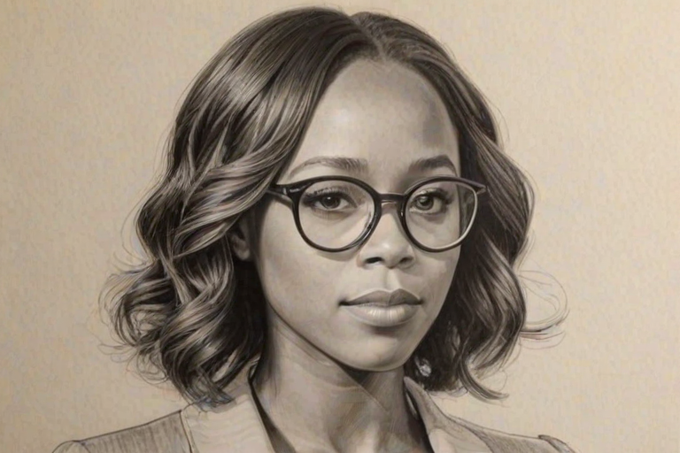 Enchanting Nicole Beharie, pencil sketch, portrait of Captivating woman 1932s in glasses, hair style beatnik, outline, clear lines, fine lines, 8k