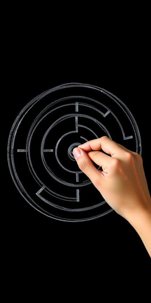 Create a high-resolution image of a hand drawing a complex circular maze design on a solid black background, using a DSLR camera with a 50mm lens, f/1.8 aperture, ISO 100, and soft lighting for enhanced depth and detail.