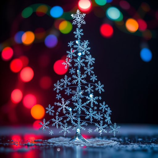 Create a vibrant abstract image of a Christmas tree made of snowflakes, set against a dark background with colorful flowing lights; use a DSLR camera, 50mm lens, f/1.8 aperture, 1/60 shutter speed, ISO 200, and a low-angle view to enhance the light reflection and depth.