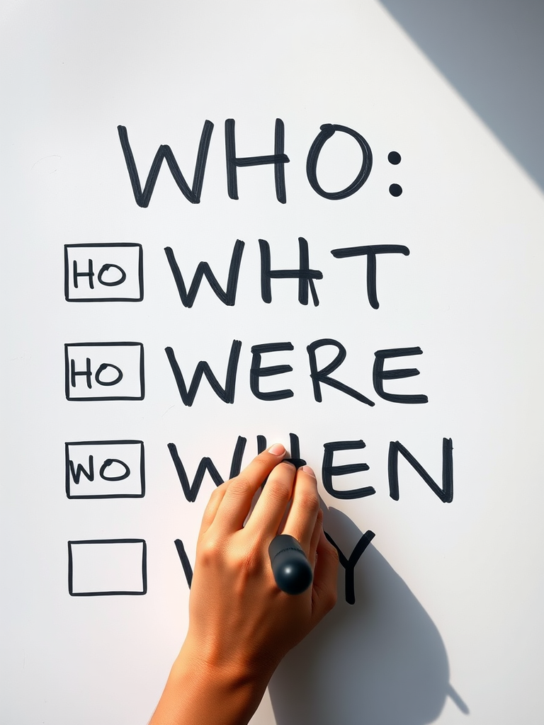 Create an image of a hand writing on a whiteboard with the words "WHO," "WHAT," "HOW," "WHERE," "WHEN," and "WHY" in bold black letters with empty boxes beside each, shot with a DSLR camera at f/2.8, 1/60 sec, ISO 200, with a slight top-down angle and natural lighting to enhance clarity and contrast.