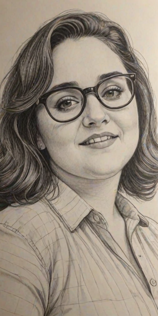 Comely Nikki Blonsky, pencil sketch, portrait of Resplendent woman 1977s in glasses, hair style beatnik, outline, clear lines, fine lines, 8k
