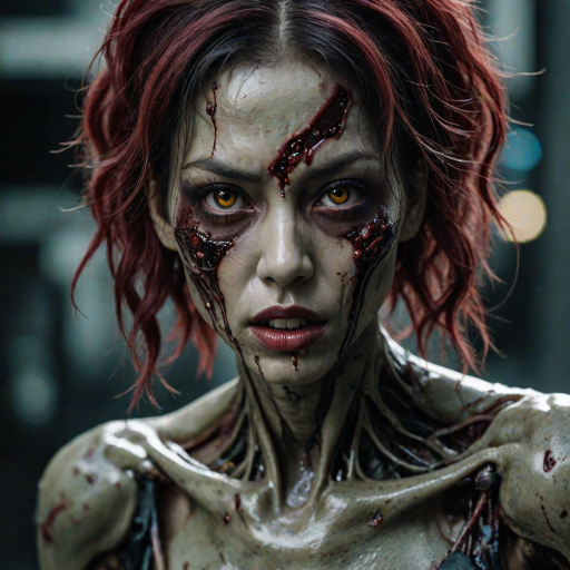 (perspective) of A creepy (ethnicity) zombie cyborg with (descriptive color) skin, (color) lipstick (color) liquid flowing from her eyes and mouth, (perspective two) portrait, (camera angle), extremely detailed, (art style) in the style of Yoshitaka Amano and Tetsuo Hara. --ar 85:128 --style raw --niji 6