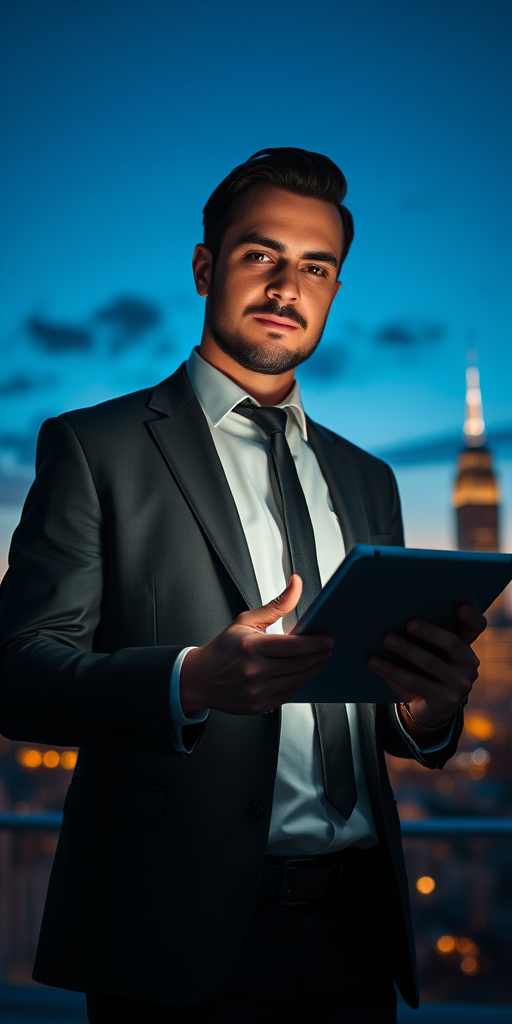 Create an image of a man in a sharp suit holding a glowing tablet, with a city skyline in the background at dusk, using a DSLR camera with a 50mm lens, aperture set to f/1.8, ISO 100, and a shutter speed of 1/200s, taken from a slightly low angle to enhance perspective and depth.