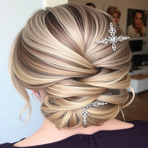 Sophisticated ash blonde French twist dubbed "Smoky Coil" featuring a seamless blend of cool-toned highlights and lowlights, secured with ornate silver hair pins