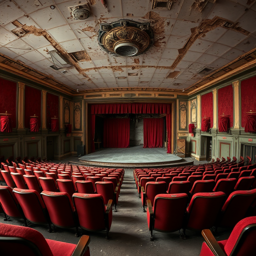 Interior of an abandoned theater with worn red seats facing a dilapidated stage, soft natural lighting, taken with a full-frame DSLR camera, 24mm lens, aperture f/8 for depth of field, ISO 200, shutter speed 1/60s, wide angle view to capture the extensive decay and intricate details in the architecture.