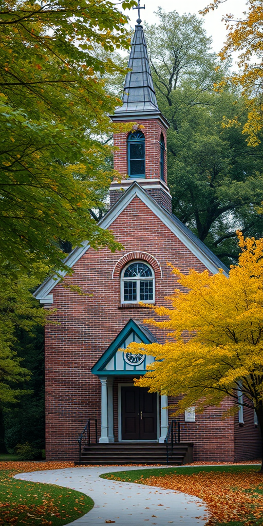 charming brick chapel surrounded by lush green trees in autumn, soft diffused light, shot with a Canon EOS R5, 24mm f/1.4 lens, ISO 200, f/2.8, 1/250s, wide-angle view, vibrant colors, high dynamic range, focus on chapel details