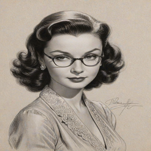 Beauteous Vivien Leigh, pencil sketch, portrait of Graceful woman 1945s in glasses, hair style beatnik, outline, clear lines, fine lines, 8k