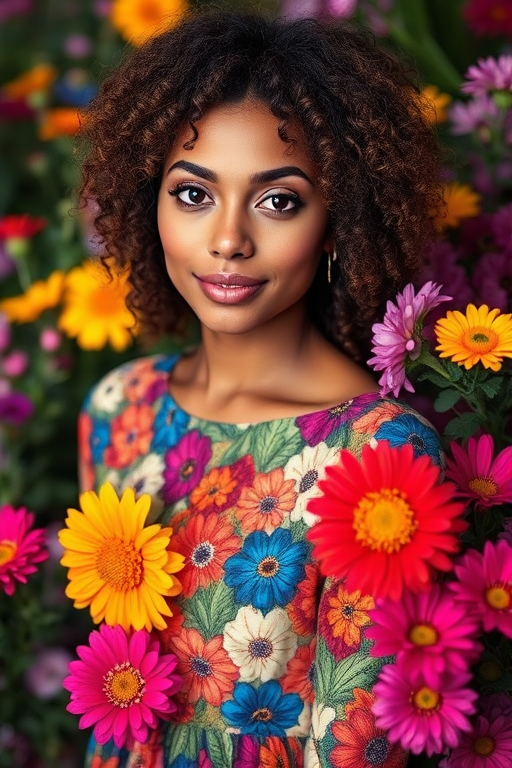portrait of a woman with curly hair wearing a colorful floral dress surrounded by vibrant flowers, soft diffused lighting, f/1.8 aperture, 50mm lens, shot from eye level with a shallow depth of field, DSLR camera, high resolution.