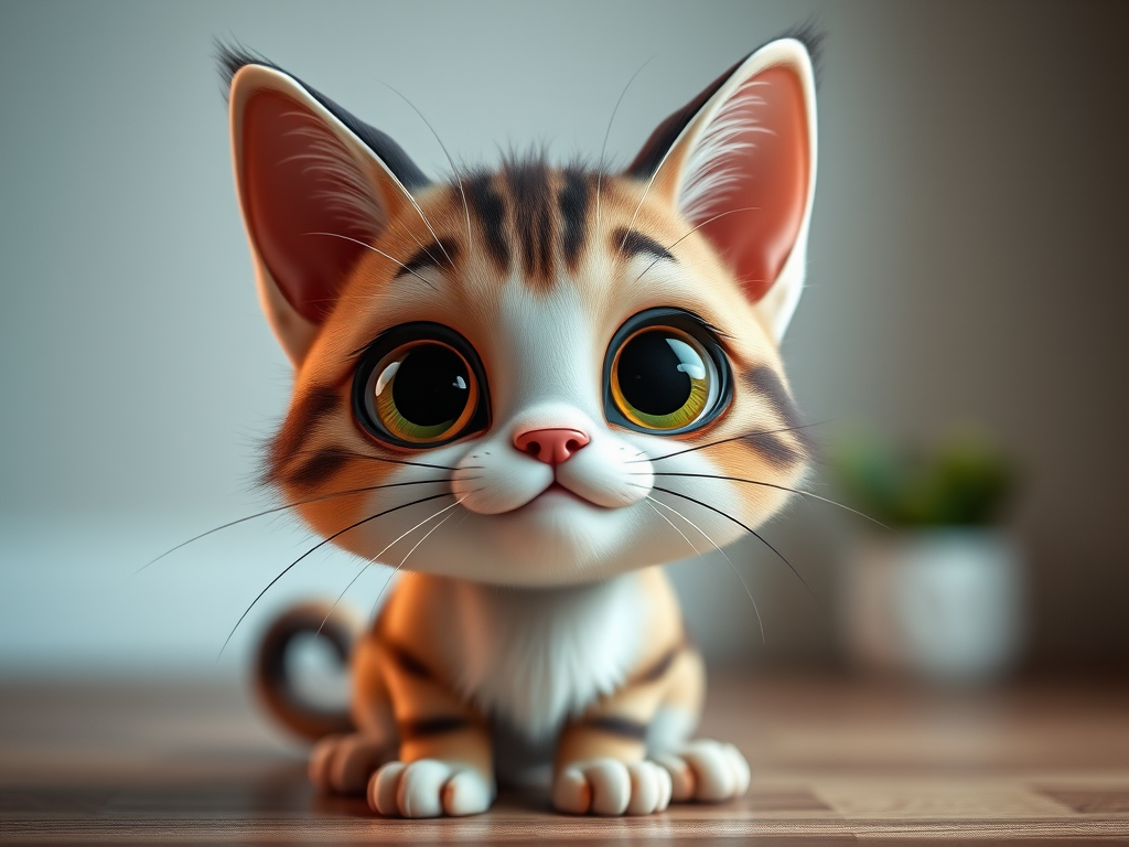 Generate a cute cartoonish cat character with exaggerated facial features, in a playful pose, using high-resolution settings, with a focus on clarity and detail, captured from a wide-angle view using a digital SLR camera, at f/2.8 aperture, ISO 100, and a 50mm lens.