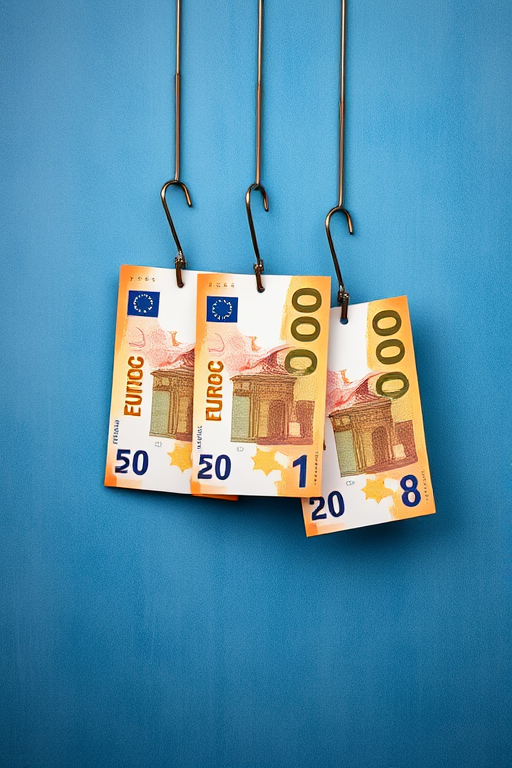 Create a high-resolution image of three euro banknotes artfully displayed on hangers against a textured blue background, shot with a DSLR camera at f/4, ISO 200, 50mm lens, with soft lighting to enhance the colors and details.