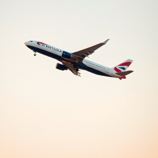 Capture a British Airways aircraft taking off against a clear sky, using a DSLR camera with a 70-200mm lens at f/8, ISO 100, shutter speed 1/1000s, from a low angle view to emphasize the ascent.