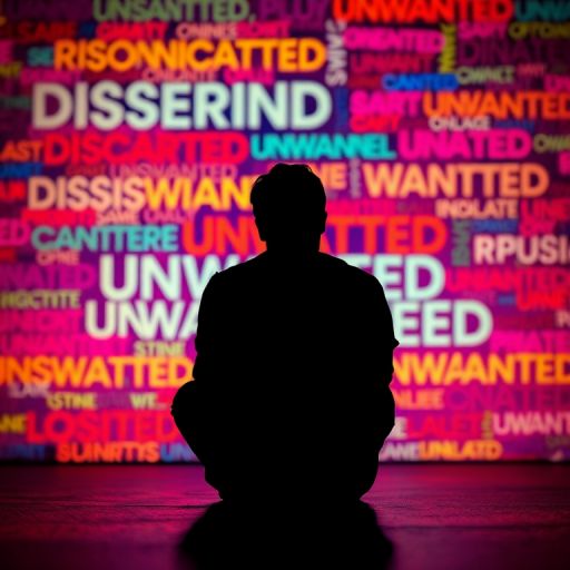Regenerate a digital artwork featuring a silhouette of a person sitting against a vibrant background filled with words like "Discarded," "Unwanted," and "Isolated," using a Canon EOS R5 camera, 50mm lens, f/1.8 aperture, ISO 100, and a shallow depth of field for an artistic effect.
