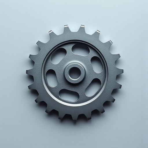 high-resolution image of a grey cogwheel on a plain background, shot with a Canon EOS R5, 50mm lens, aperture f/2.8, ISO 100, natural lighting, top-down view, sharp focus on the cogwheel's details