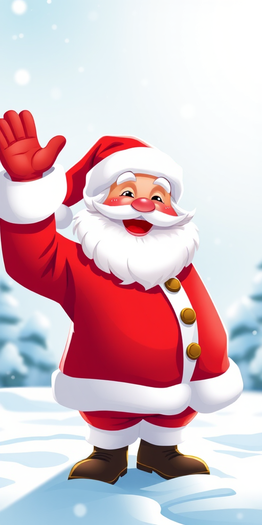 Create a vibrant illustration of a cheerful Santa Claus waving, with a snowy background, captured using a DSLR camera at f/4 aperture, 50mm lens, ISO 100, in bright daylight with soft diffused lighting.