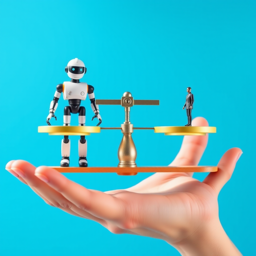 Create an image of a hand holding a balance scale with a robot on one side and a human figure on the other, using a wide-angle lens, f/4 aperture, ISO 100, shot from a low angle to enhance depth, in a flat design style with a bright blue background.