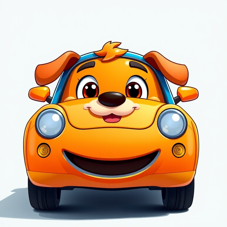 Create a vibrant cartoon-style illustration of a cheerful dog-faced car with a bright orange body and blue roof, captured in a frontal view using a DSLR camera with a 50mm lens, f-stop at f/2.8, ISO 100, and soft lighting for enhanced color saturation and clarity.