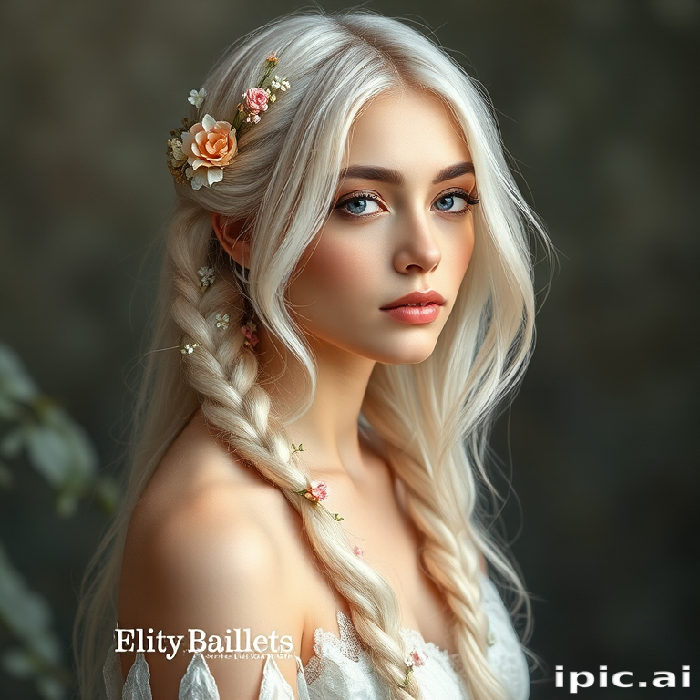 Ethereal fairy-like woman with waist-length, iridescent white-blonde hair styled in loose, romantic braids adorned with tiny flowers