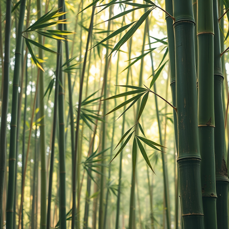 Generate a detailed illustration of bamboo in a natural setting, use a DSLR camera at f/2.8 aperture, ISO 100, 50mm lens, natural light, high dynamic range editing.